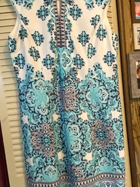 Studio One White and Aqua Printed A-Line dress